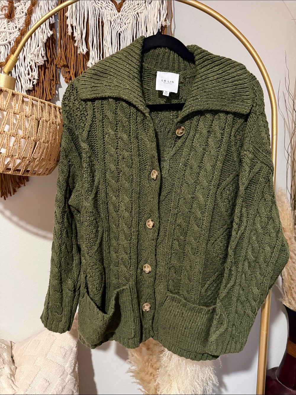 Le Lis Olive Cable-Knit Button Cardigan